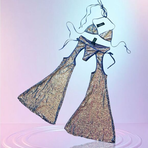 Dolls Kill Pants - Club Exx x Dolls Kill sequin purple diva reef bikini with mega flare chaps XXL